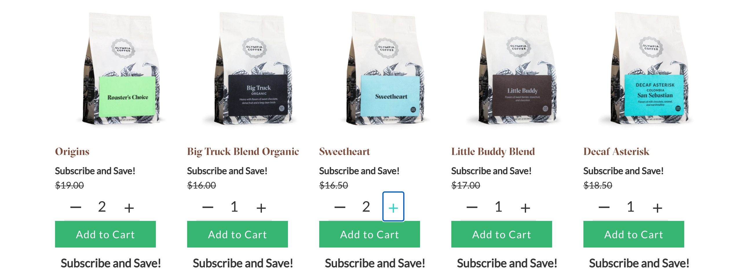 Five varieties of coffee beans with add to cart options beneath
