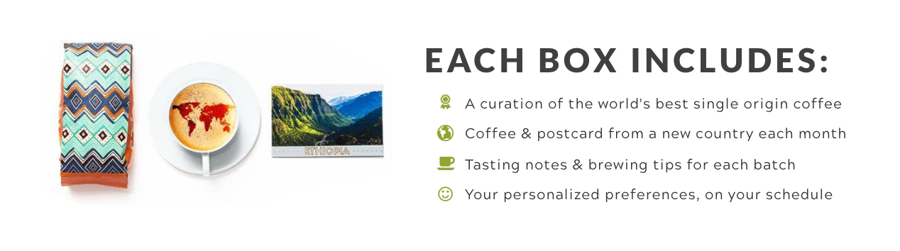 A bag of beans, a cup of coffee, and a postcard with a list of box contents