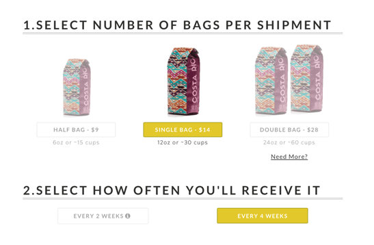 Screenshot of different coffee bag sizes
