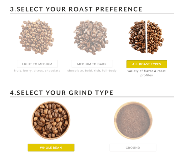Top-view shot of different coffee bean roasts and whole vs. ground