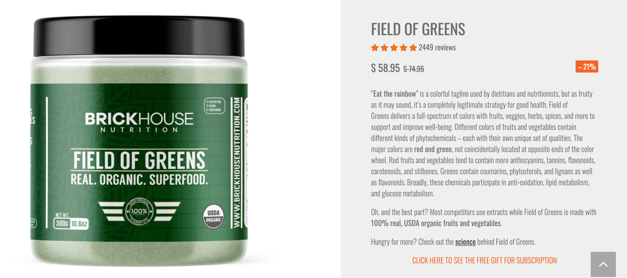 Product image of "field of greens" with product description and price