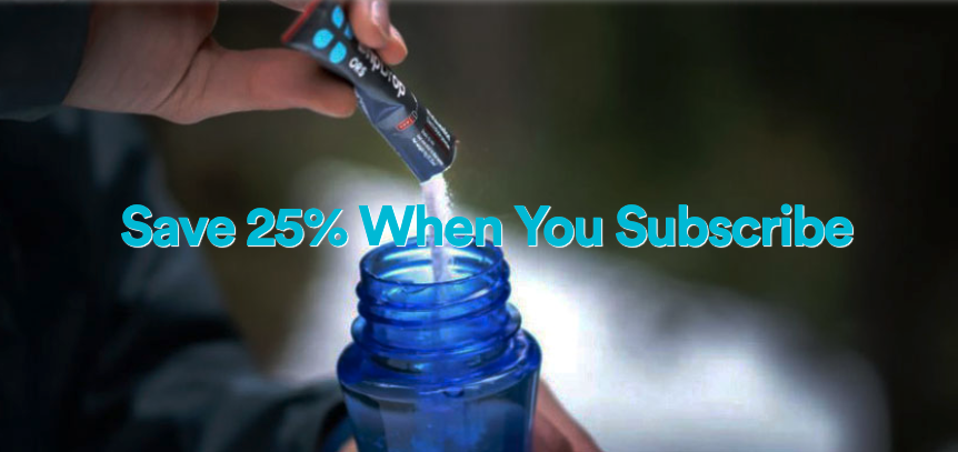 ORS powder being poured into a blue waterbottle behind savings message