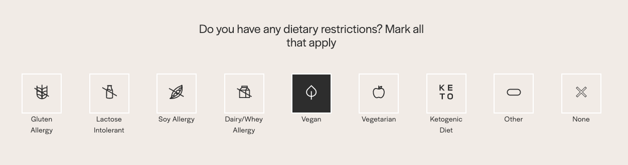 Example of onboarding question about dietary restrictions