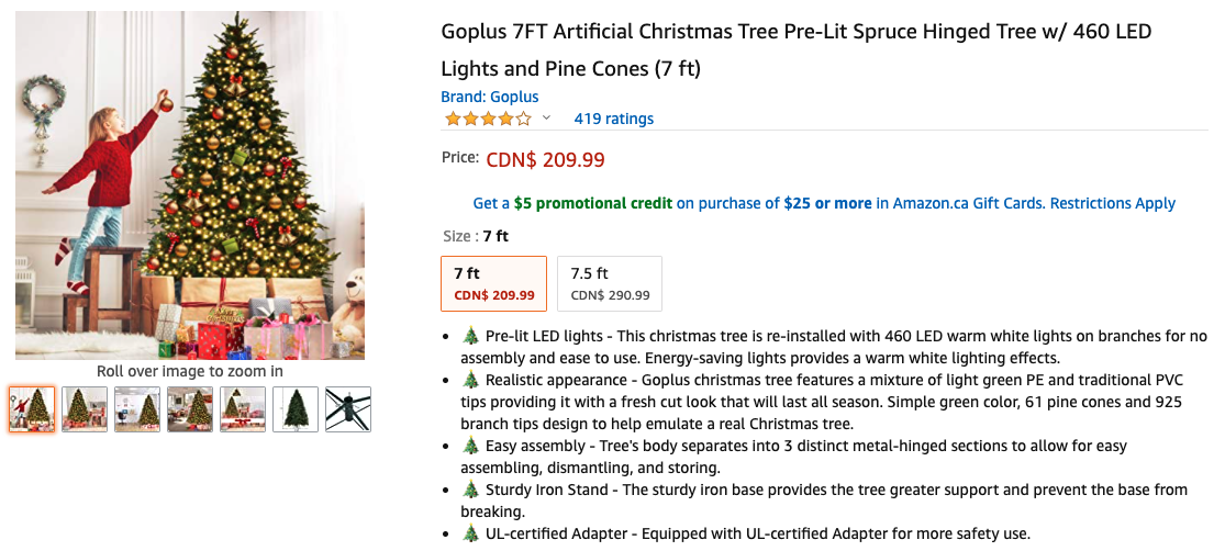 Screenshot from Amazon of Christmas tree with product description and customer reviews