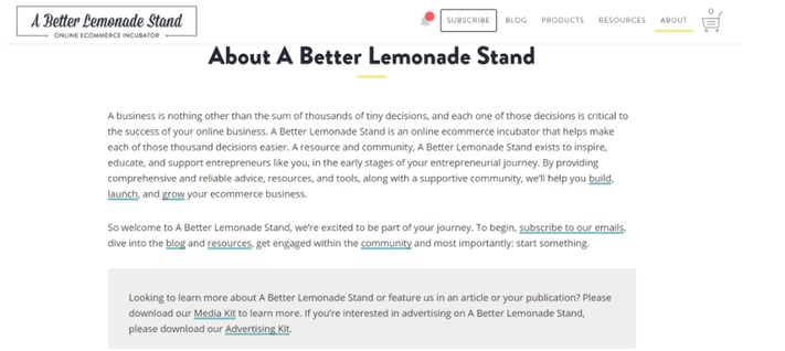 a better lemonade stand about us page