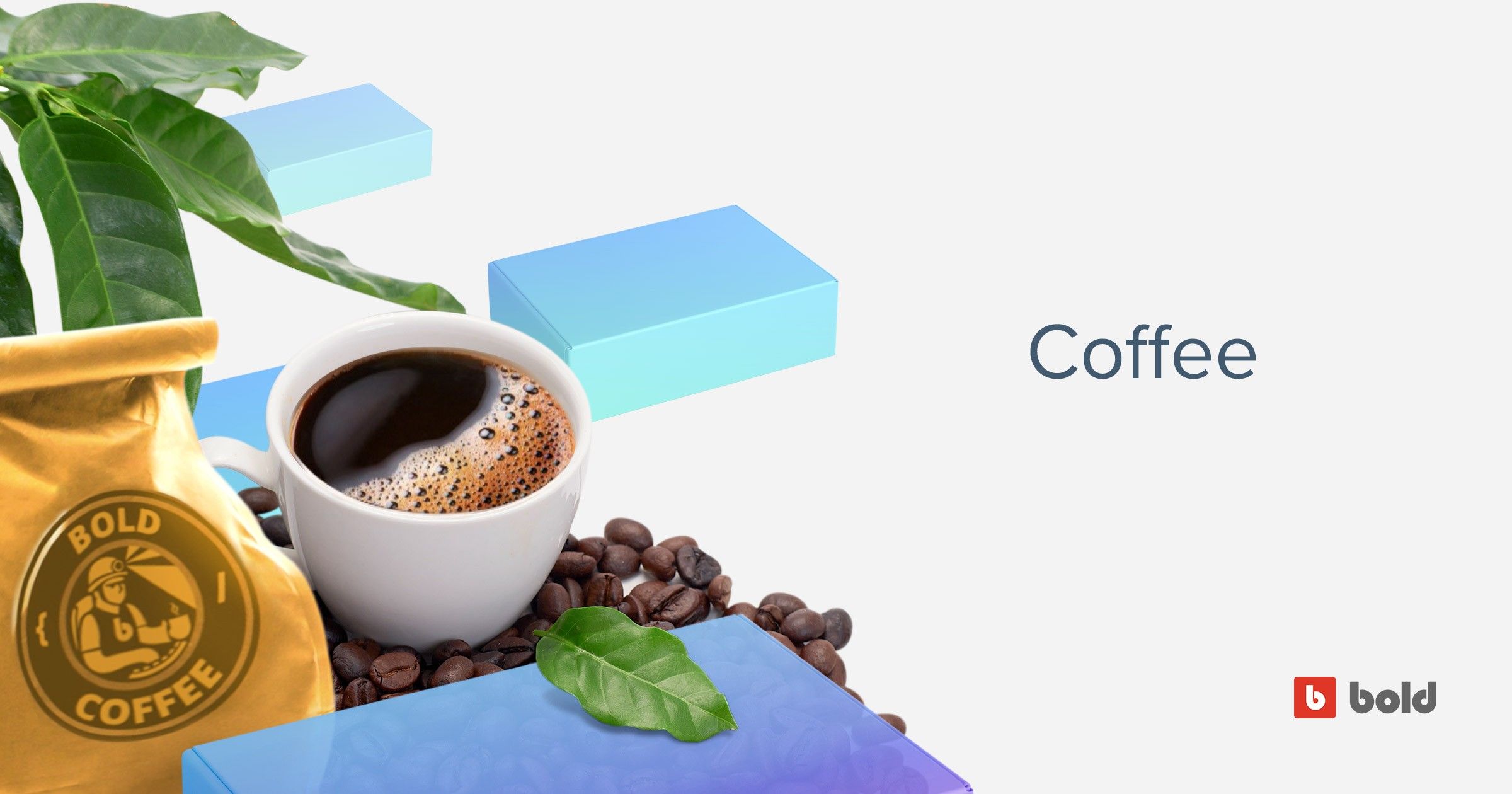 "Coffee" banner with a bag of beans, a cup of coffee, green leaves, and blue rectangles