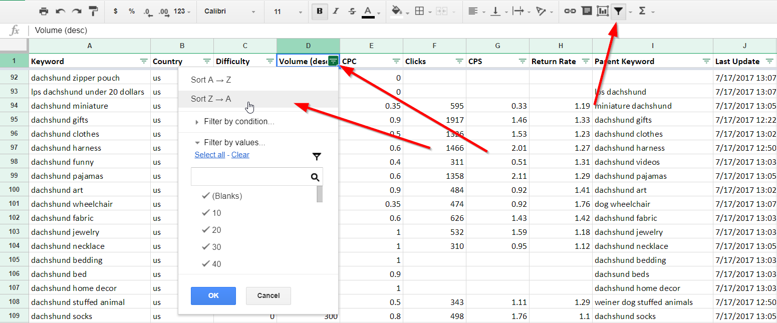 Filtering Keywords by Search Volume in Google Sheets